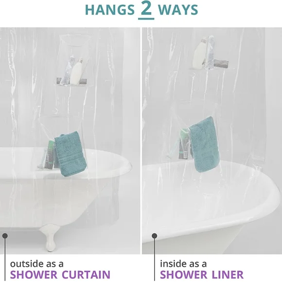 Bathroom Waterproof PEVA Clear Shower Curtain With Mesh Pockets - Picture 7 of 10